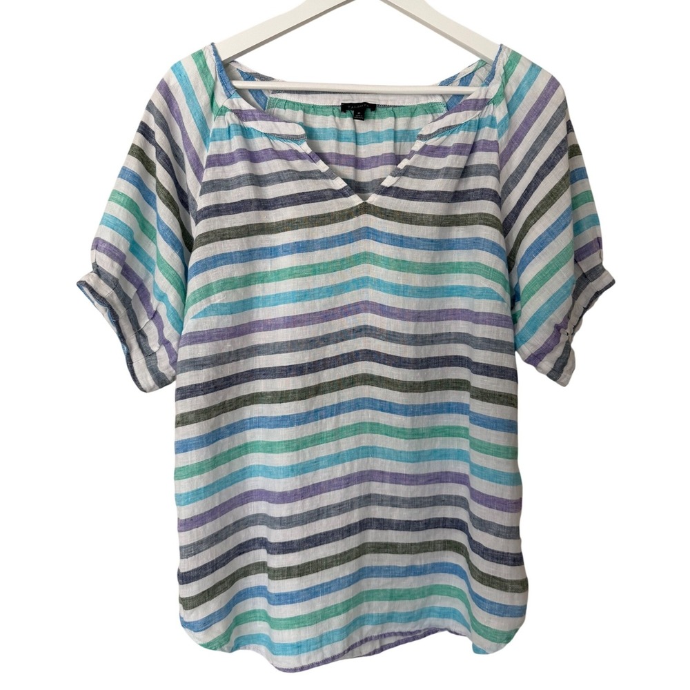 Talbots Medium 100% Linen Striped V-Neck Short Sleeve Blouse Puff Pleated Sleeve